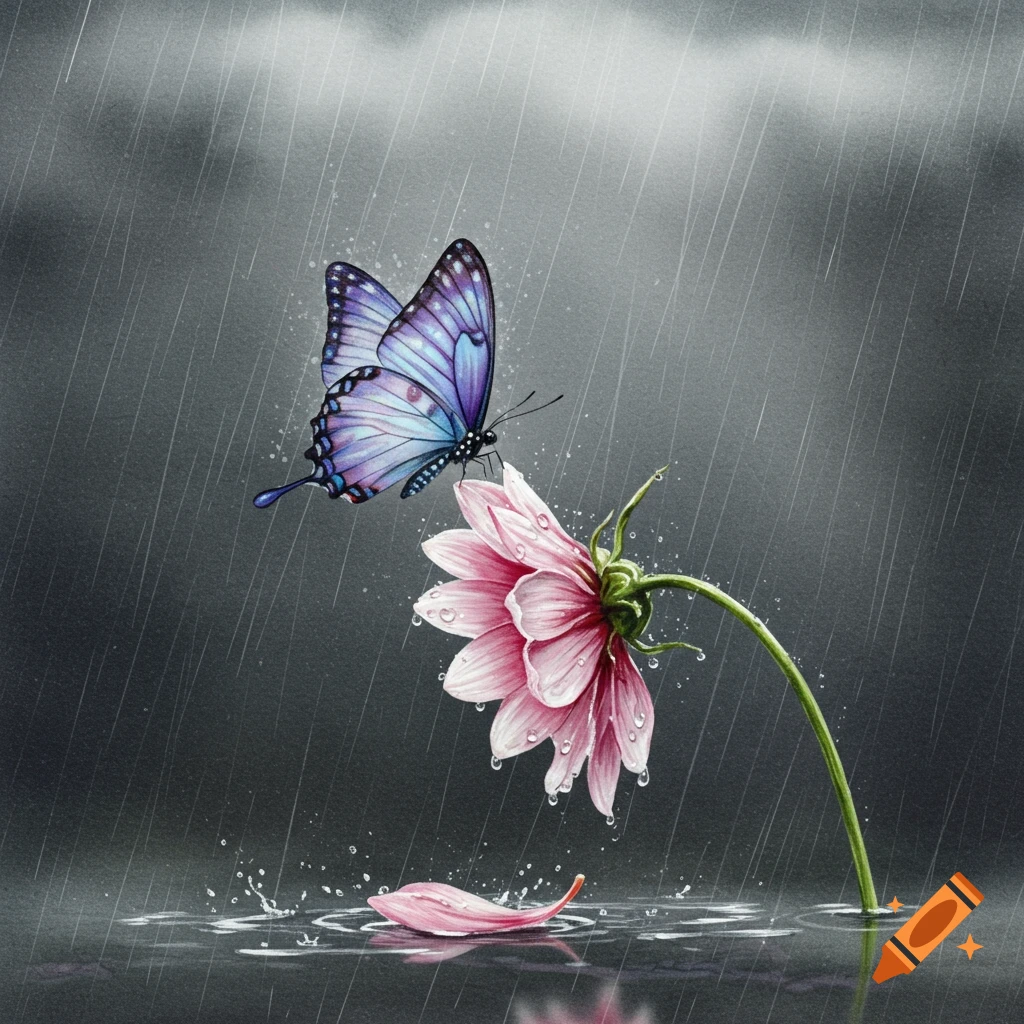 Purple and blue butterfly on a drooping pink flower in heavy rain, with a fallen petal, illustration.