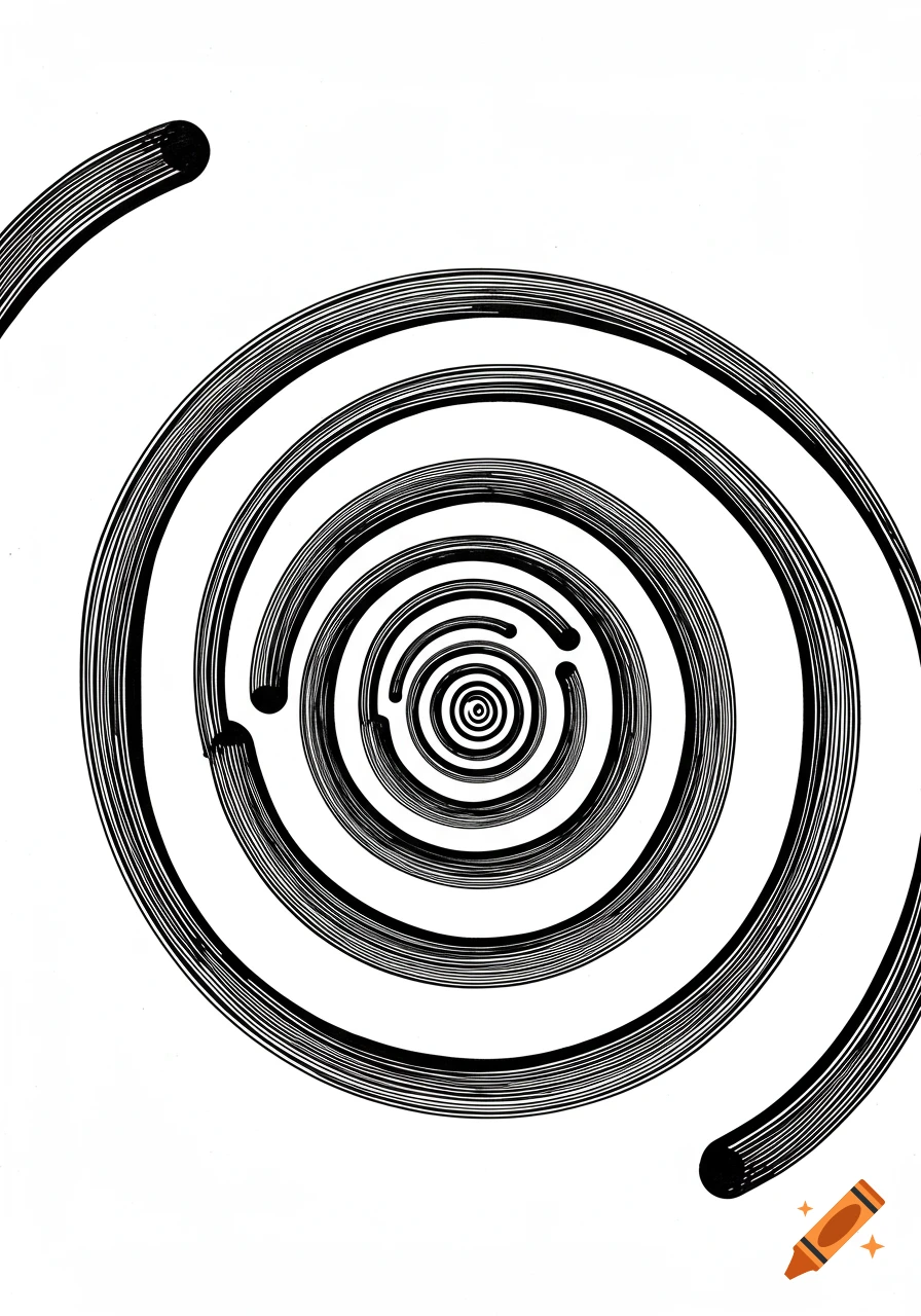 A black and white abstract drawing of a spiral, made of multiple parallel lines, expanding outwards from a central point.