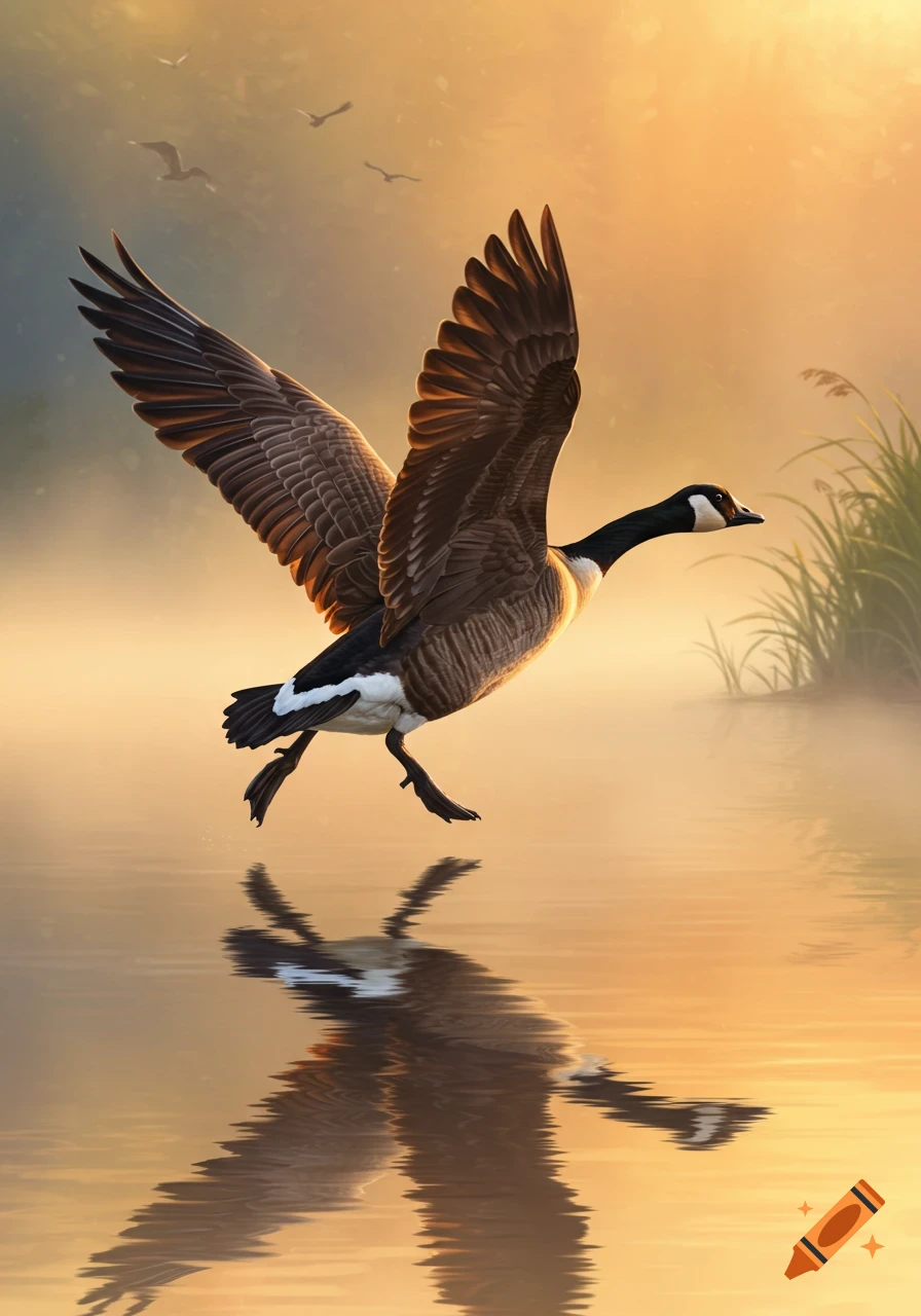 A Canadian goose with outstretched wings takes off from misty water at sunrise or sunset, its reflection visible below.