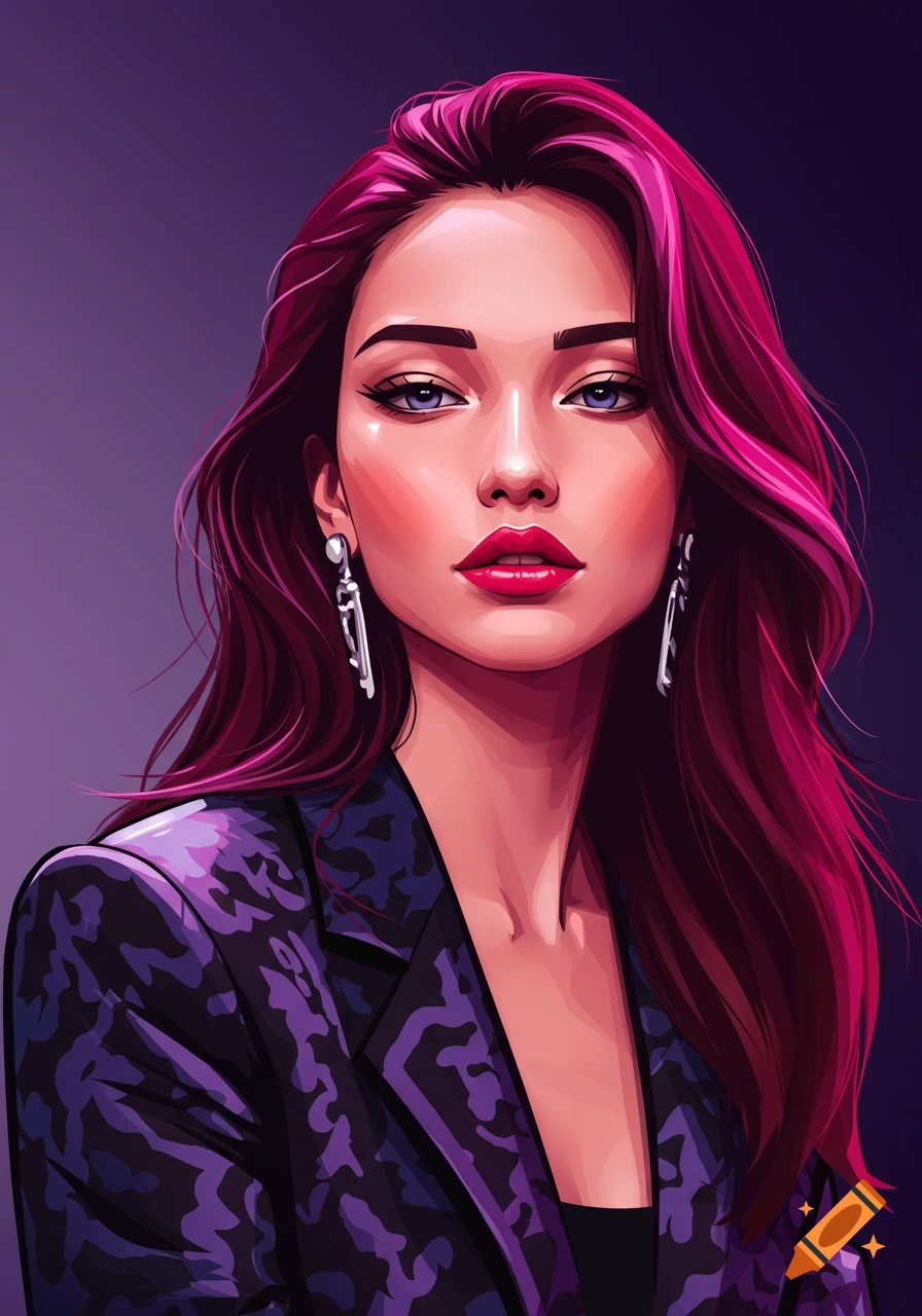 Stylized digital portrait of a young woman with long magenta hair, red lips, and a purple patterned blazer.