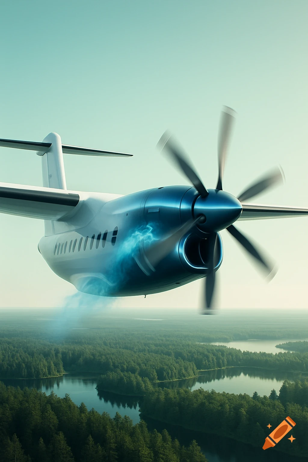 A modern white and metallic blue turboprop airplane with a subtle blue vapor effect flies over green forests and lakes.