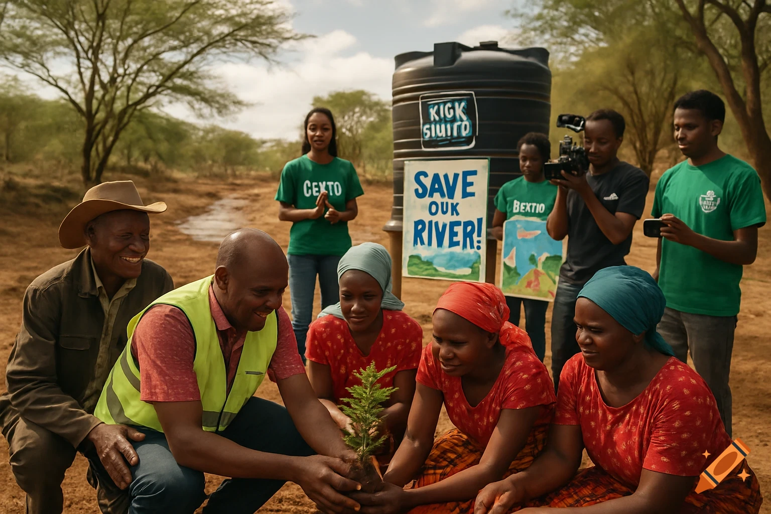 A diverse group of people in rural Kenya planting a tree, holding conservation signs, and filming the event, depicting community-led environmental action.