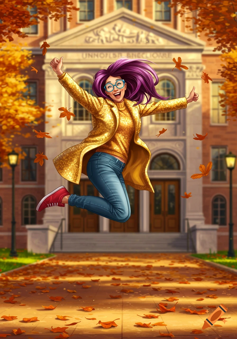 Cartoon woman with purple hair and glasses jumps joyfully in yellow coat, jeans, and red sneakers outside a university building with autumn leaves.