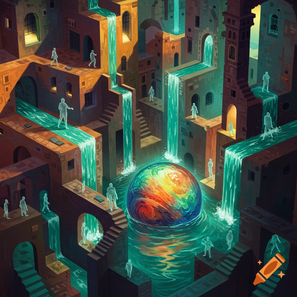 A surreal M.C. Escher-like architectural maze with glowing figures, flowing turquoise waterfalls, and a large colorful orb floating in a central pool.