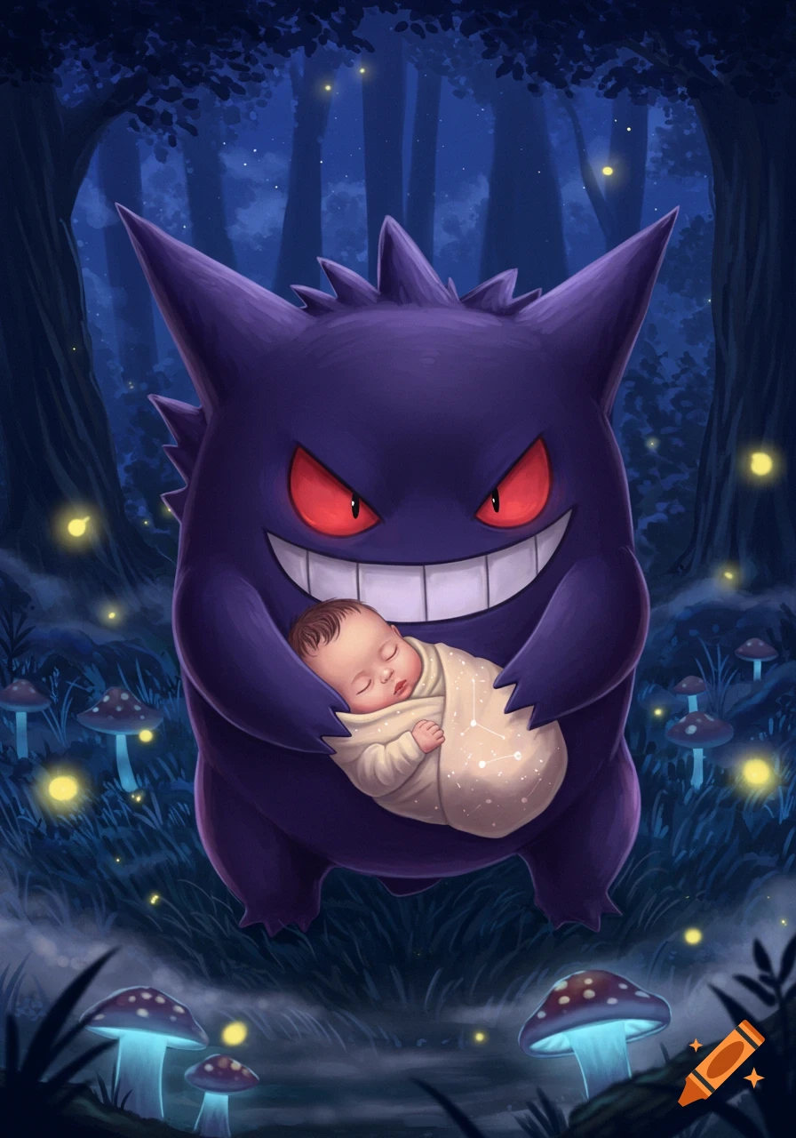 Purple Gengar (Pokemon) gently holds a sleeping baby in a dark, magical forest with glowing mushrooms and fireflies.