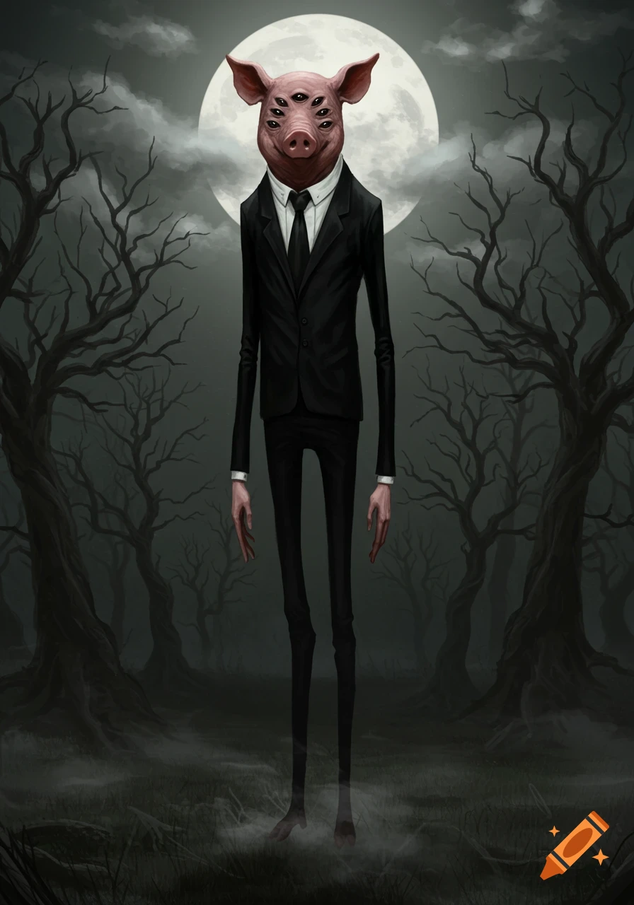 A creepy, tall, slender figure with a pig's head featuring multiple dark eyes, wearing a black suit, standing in a misty, moonlit forest with barren trees.