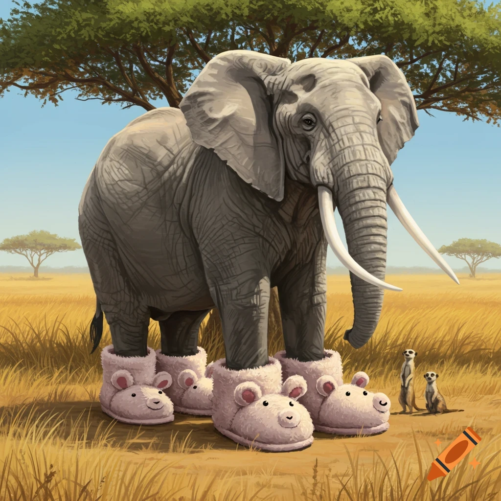 An illustrated elephant wearing pink, sheep-shaped slippers stands in a sunny savanna with acacia trees and two meerkats.