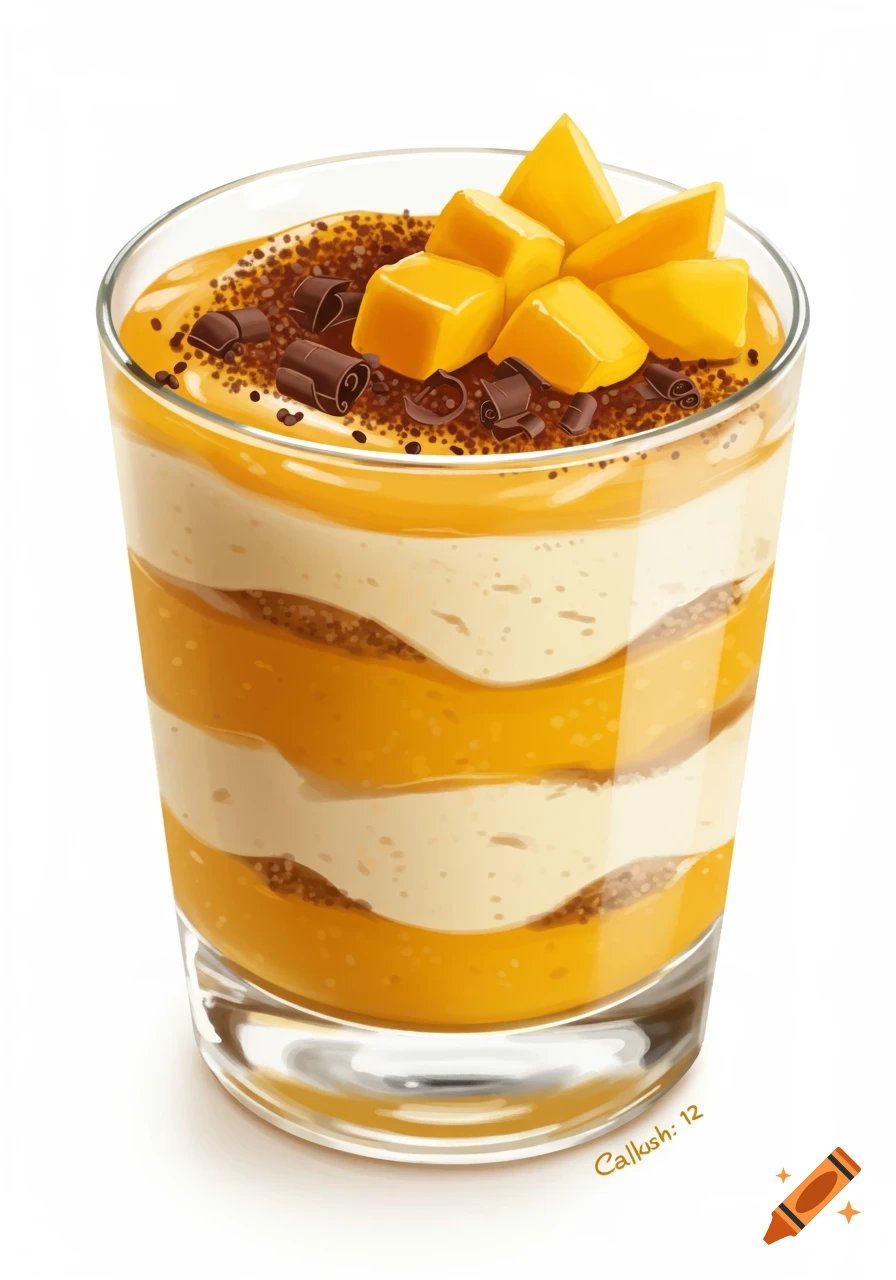 Illustration of a layered mango pudding dessert in a glass, topped with mango cubes and chocolate shavings.