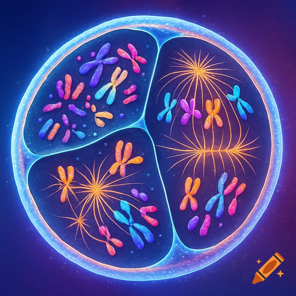 A detailed, glowing blue circular diagram illustrating the stages of mitosis with colorful chromosomes and spindle fibers.