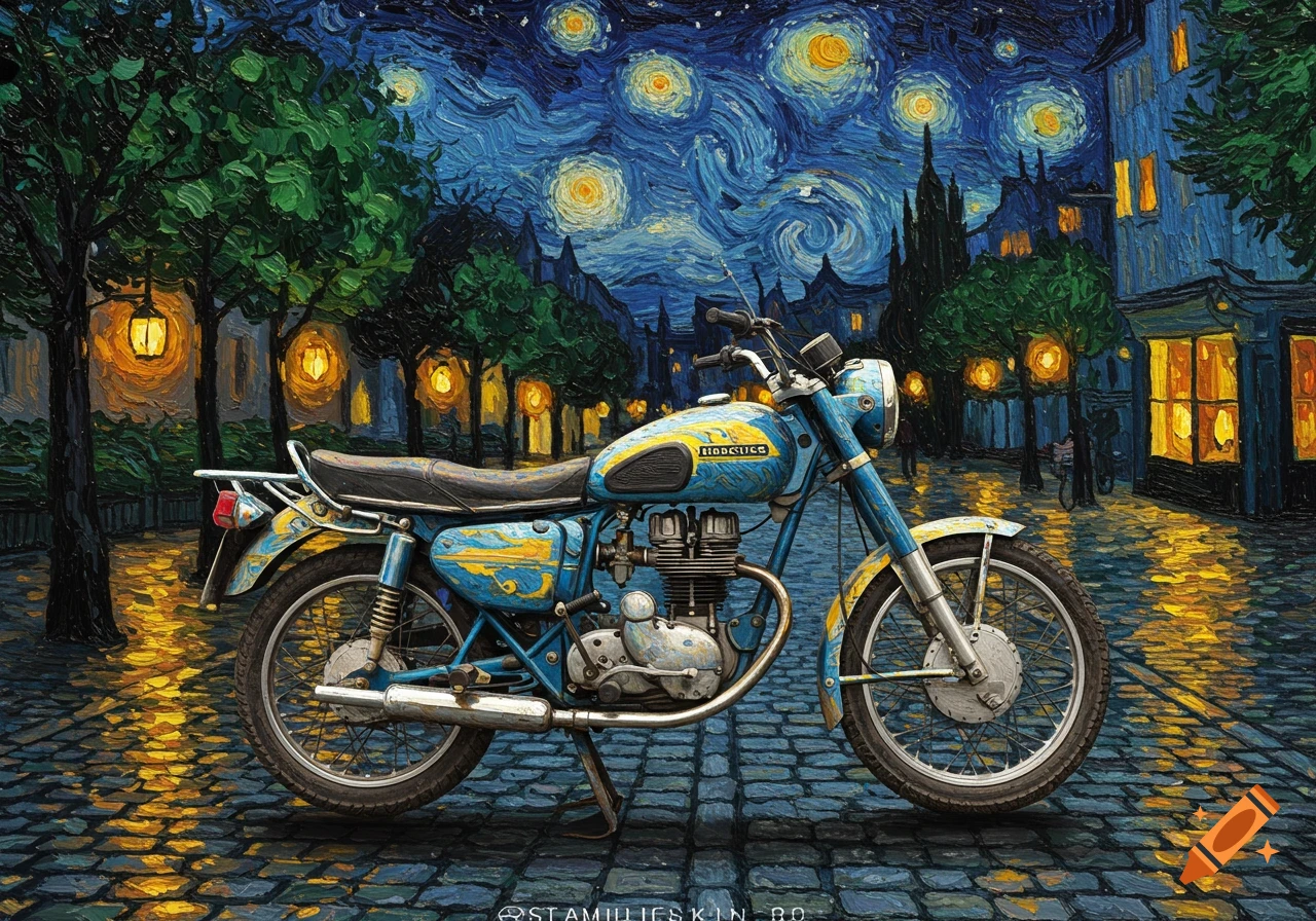 A blue and yellow motorcycle with a kickstand on a cobblestone street under a starry night sky, rendered in a Van Gogh painting style.