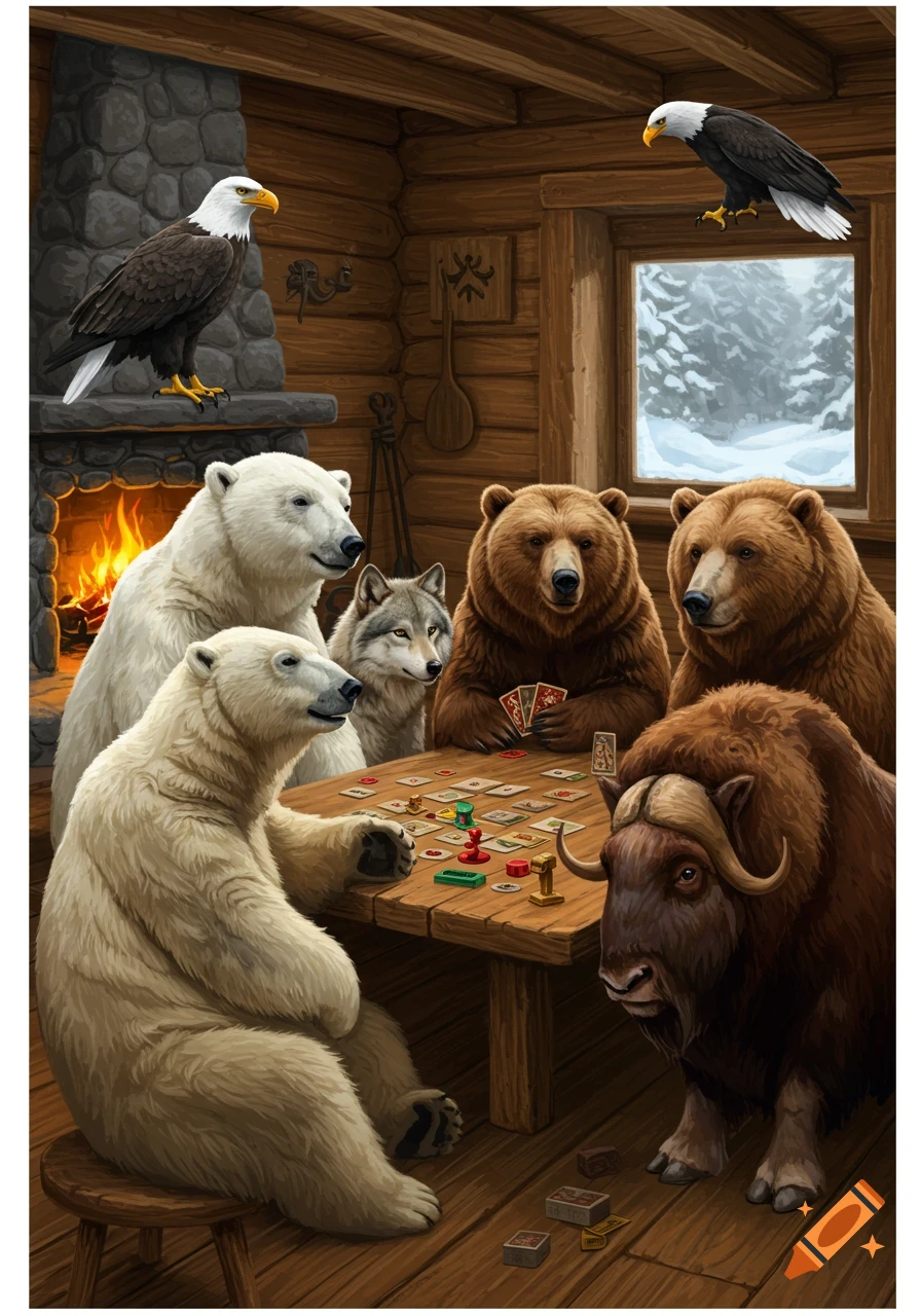 Illustrated animals including polar bears, brown bears, a wolf, muskox, and eagles playing a board game in a cozy log cabin.