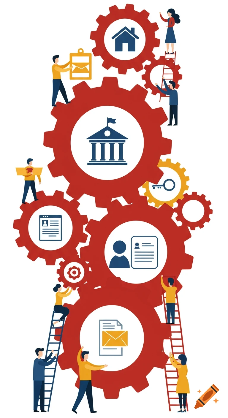Flat vector illustration of people interacting with red gears, featuring icons of a house, building, key, and documents.