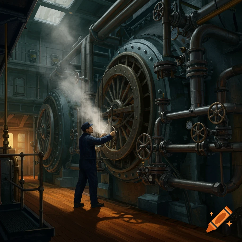 A man in uniform operates a large, intricate steampunk boiler, releasing steam in an industrial room.