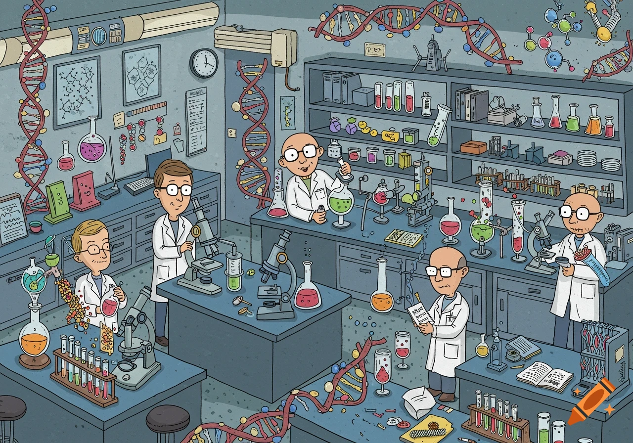 A whimsical cartoon biotech lab with multiple scientists in white coats, microscopes, beakers, test tubes, and spiraling DNA strands.