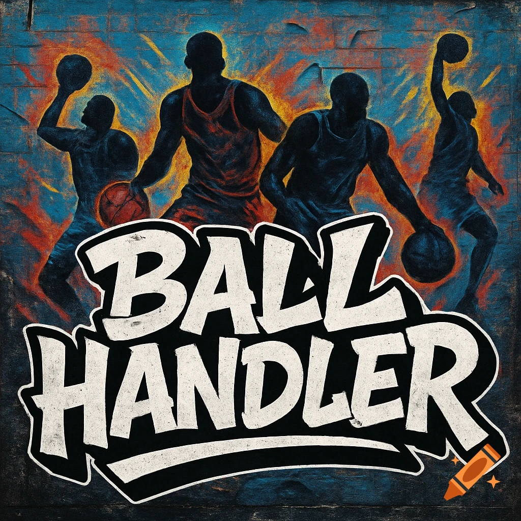 Stylized street art logo featuring "BALL HANDLER" text in front of silhouettes of basketball players on a textured wall.