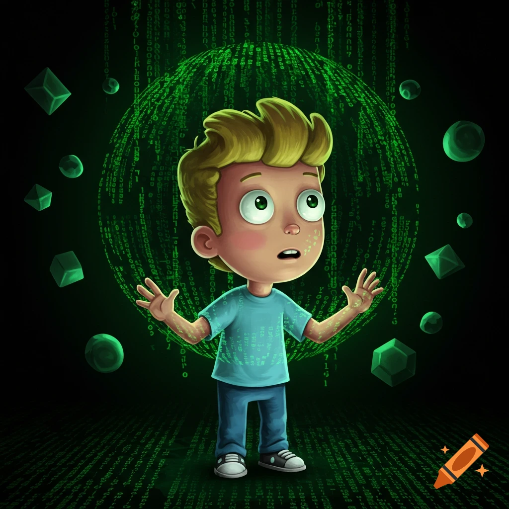Cartoon boy with blond hair looks surprised amidst green Matrix code and floating geometric shapes in a dark setting.