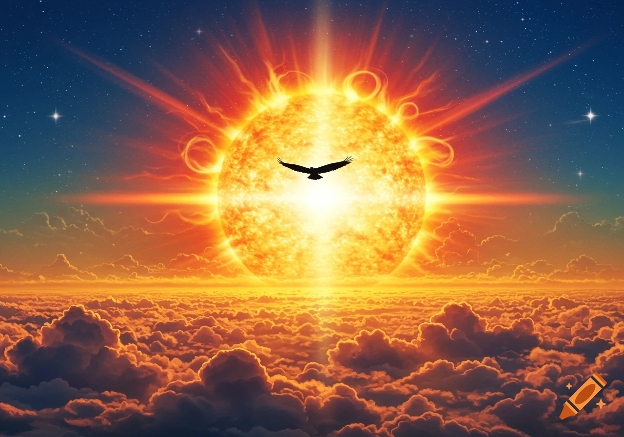A black silhouette of a bird flying in front of a giant, glowing orange sun above a vast expanse of orange clouds.