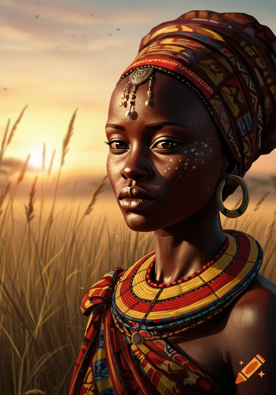 Close-up portrait of a beautiful African woman in traditional colorful attire and headwrap, against a golden sunset and tall grass.