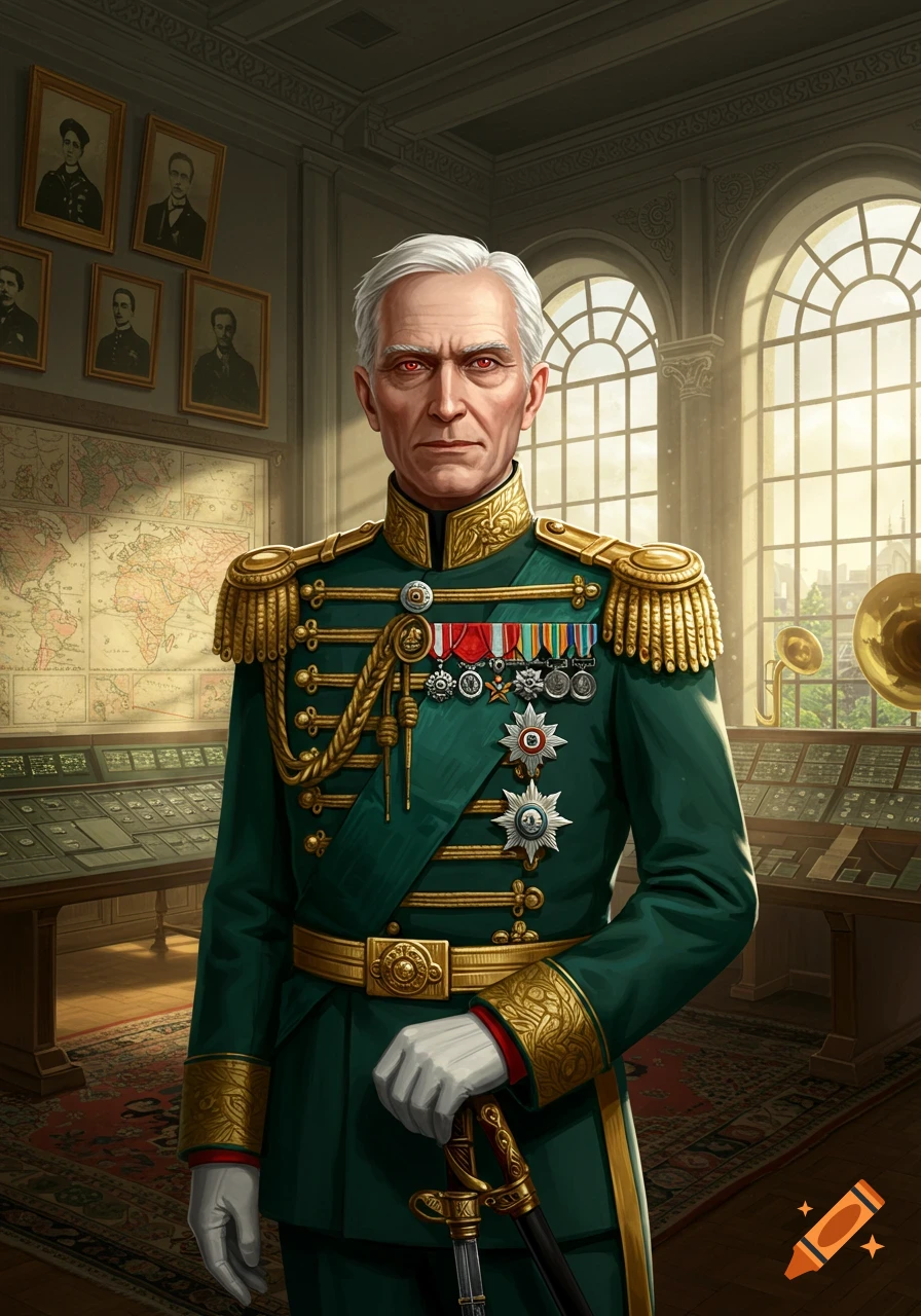 A stern man with white hair and red eyes in a green military uniform holding a sword, standing in a grand room with maps and portraits.