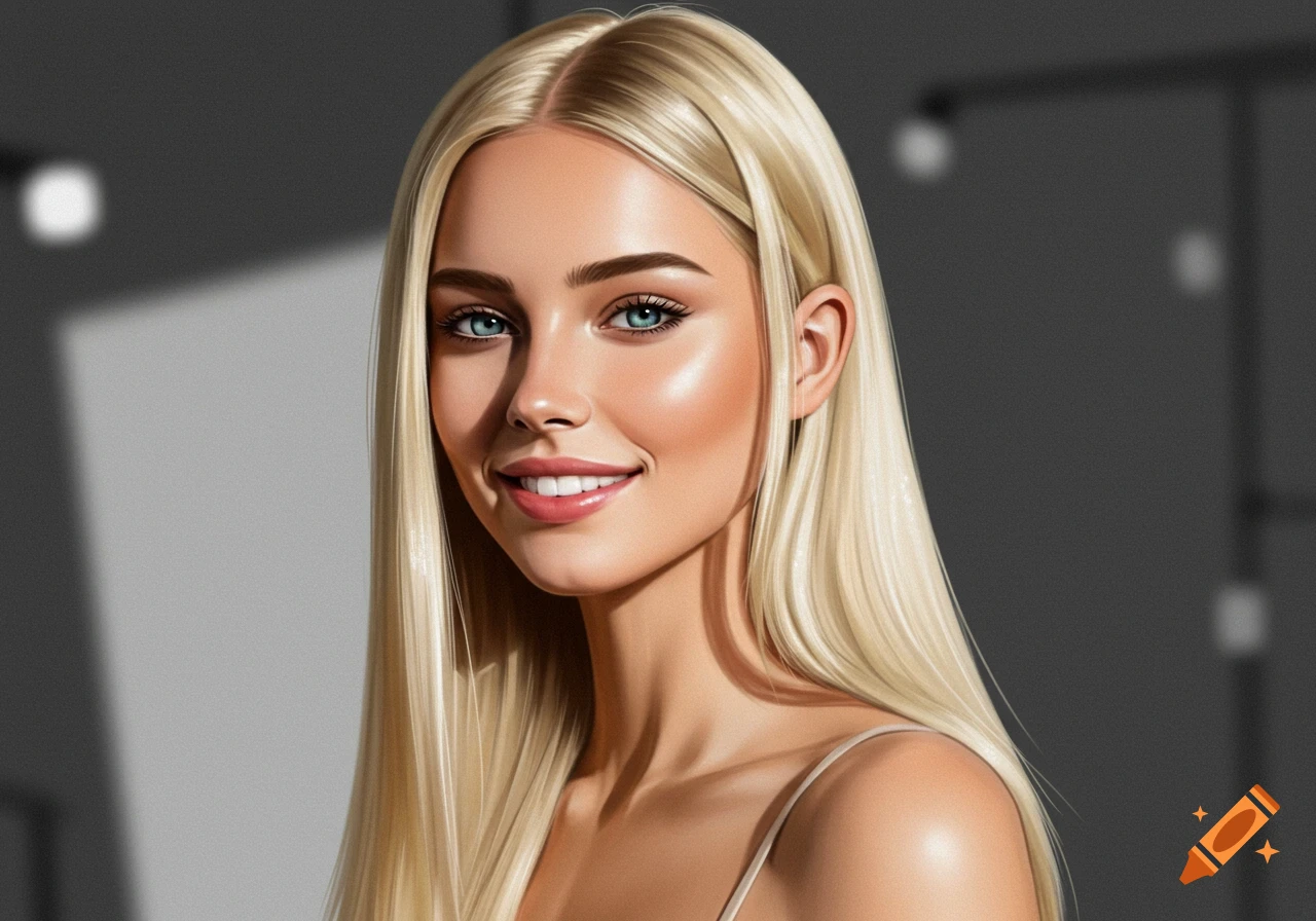 A close-up digital portrait of a smiling blonde woman with blue eyes and long straight hair, rendered in a realistic, smooth style.