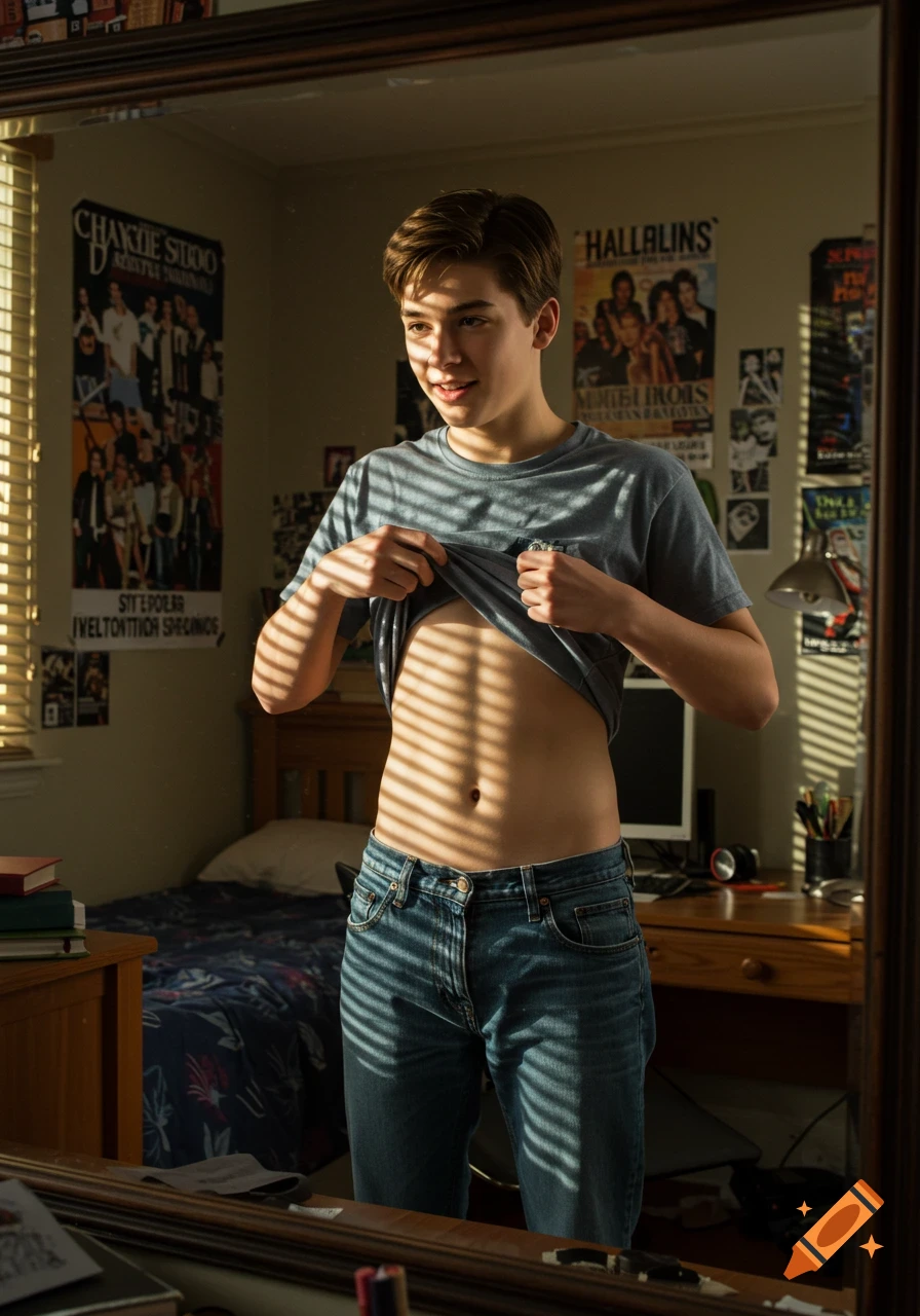 A smiling high school sophomore stands in his sunlit bedroom, lifting his gray t-shirt to reveal his stomach and belly button, as he looks into a mirror.