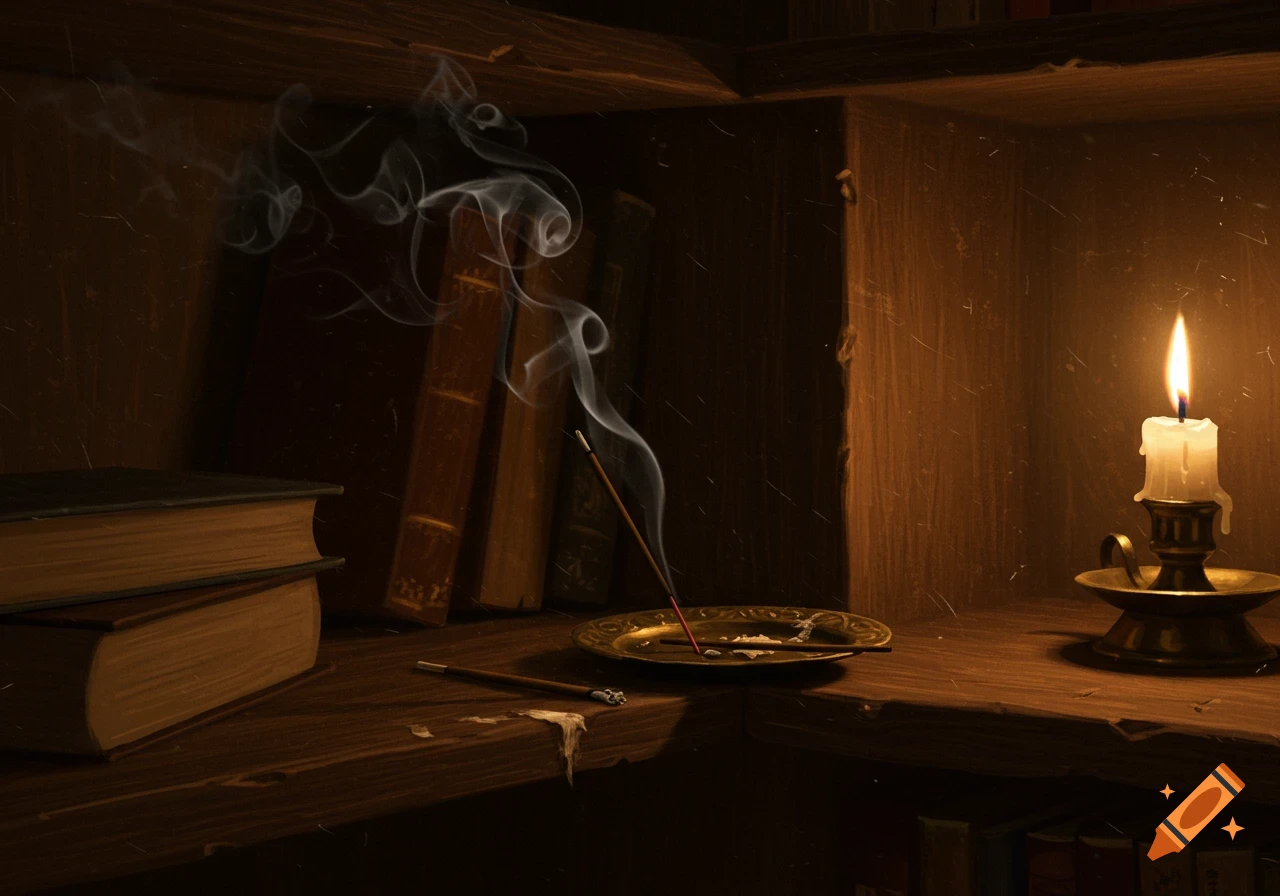 A stack of old books, a burning incense stick, and a lit candle on wooden shelves in a dimly lit, atmospheric study.