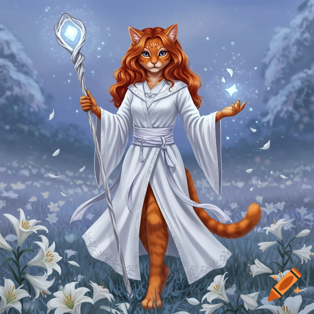 A red-haired cat girl in a white robe holds a glowing staff and creates magic in a field of white lilies.