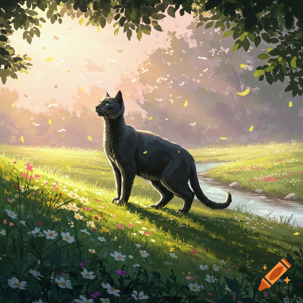 A black cat with green eyes stands in a sunlit meadow filled with ...