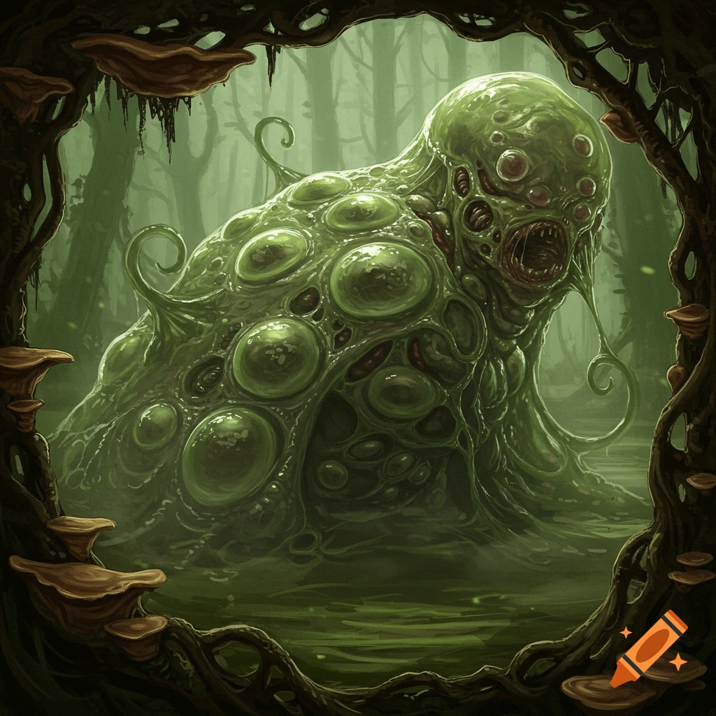 A grotesque, multi-eyed green slime mutant monster covered in bubbles and tendrils, framed by dark roots and fungi in a swamp, oil painting style.
