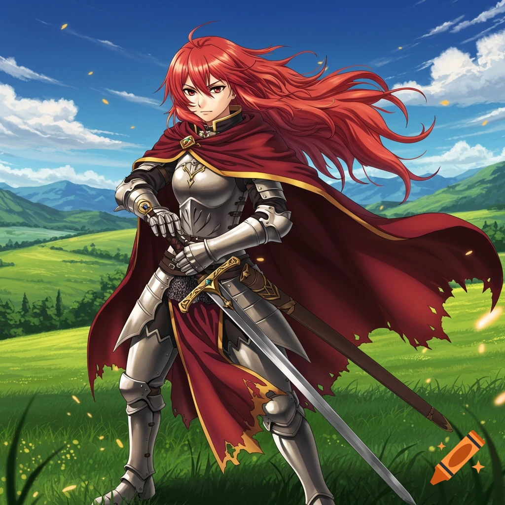 Anime female knight with long red hair and silver armor, holding a sword in a green field with mountains.