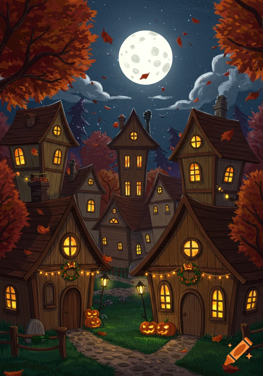 A whimsical, cartoonish village scene at night, decorated for Halloween with glowing pumpkins, string lights, and autumn leaves under a bright full moon.