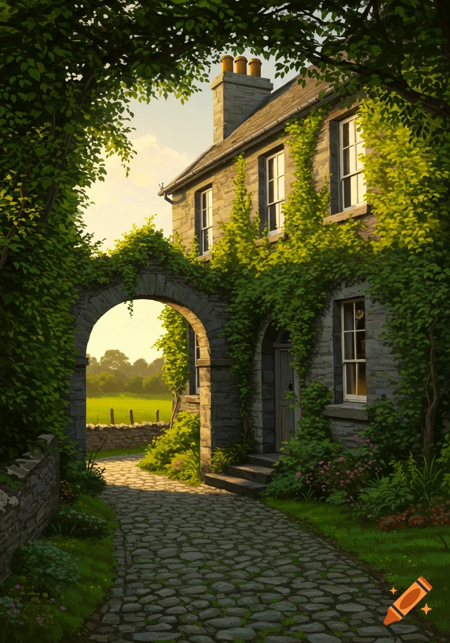 An old stone building covered in green ivy, with an arched path opening to a sunlit field, in a picturesque illustrative style.