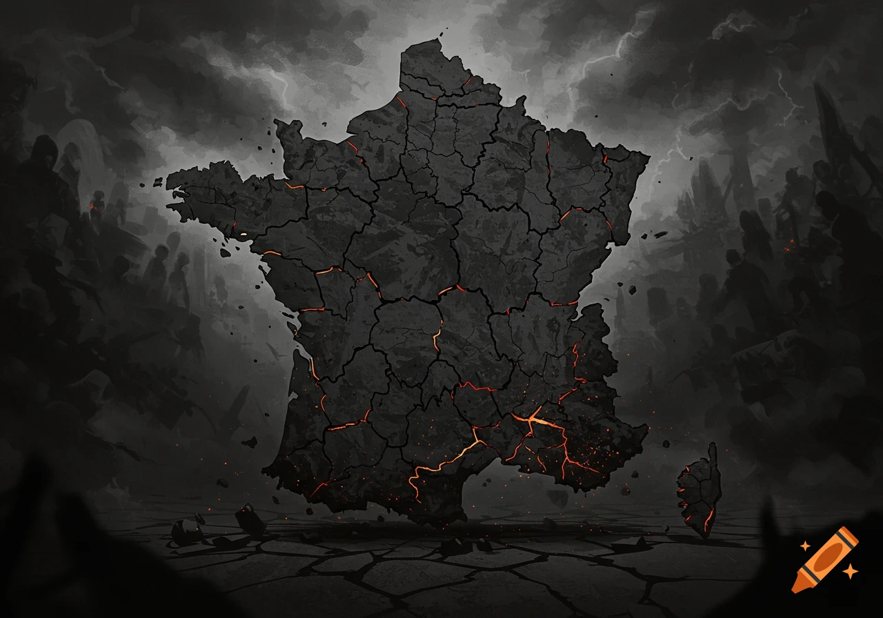 Stylized map of France, cracked and glowing with lava-like lines, against a dark, stormy, apocalyptic background with silhouetted figures.