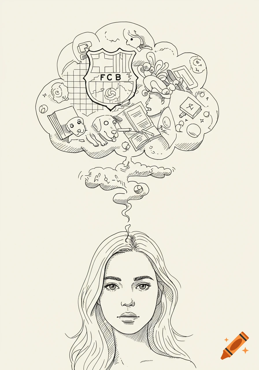 Line art illustration of a woman with a thought bubble containing dogs, books, a FCB crest, and chaotic elements.