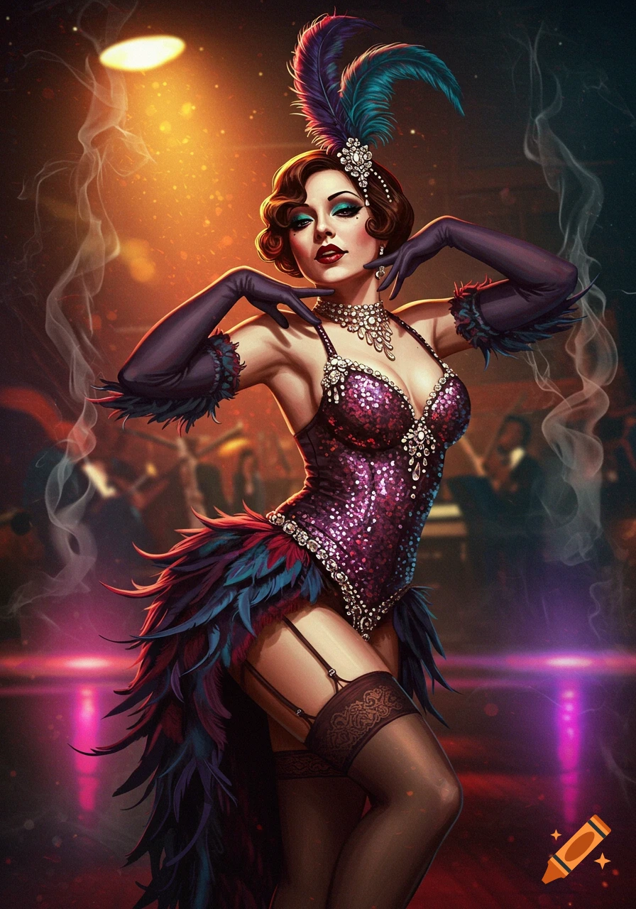 Stylized illustration of a glamorous burlesque performer in a sequin and feather costume on a smoky stage.