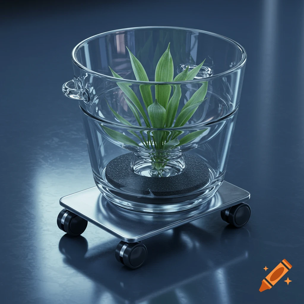 A green plant in a clear glass planter, resting on a black rubber base, placed on a wheeled metal trolley.