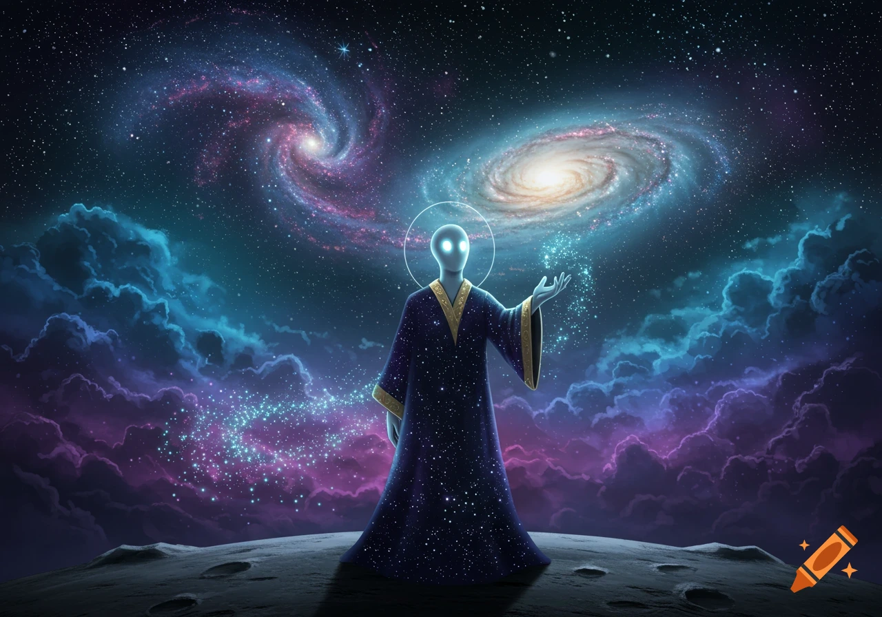 An alien-like figure in a star-patterned robe stands on a moon, conjuring starlight against a cosmic background with galaxies.