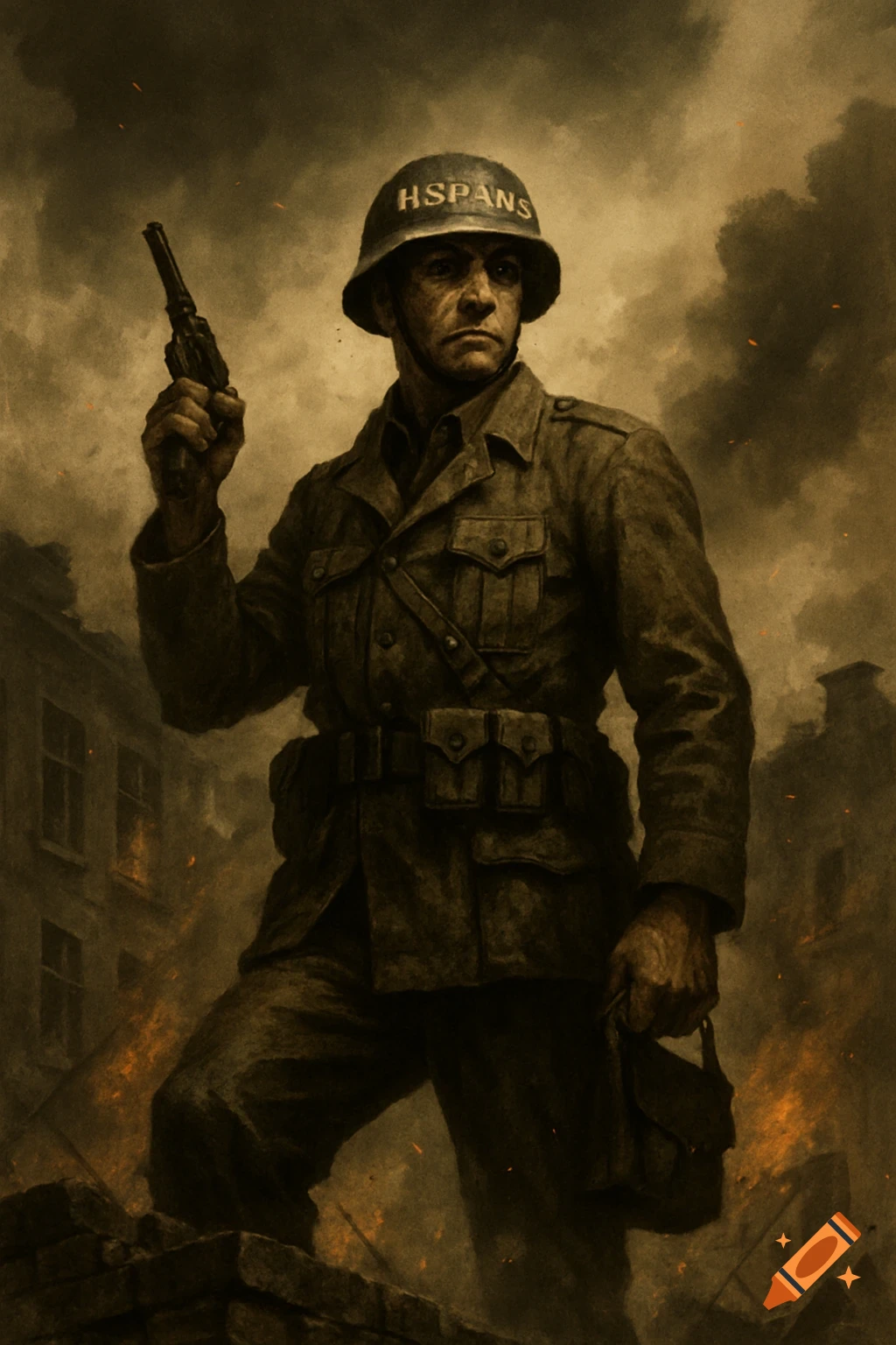 A sepia-toned illustration of a WWII soldier in uniform and helmet ("HISPANS") holding a pistol in a war-torn, burning city.