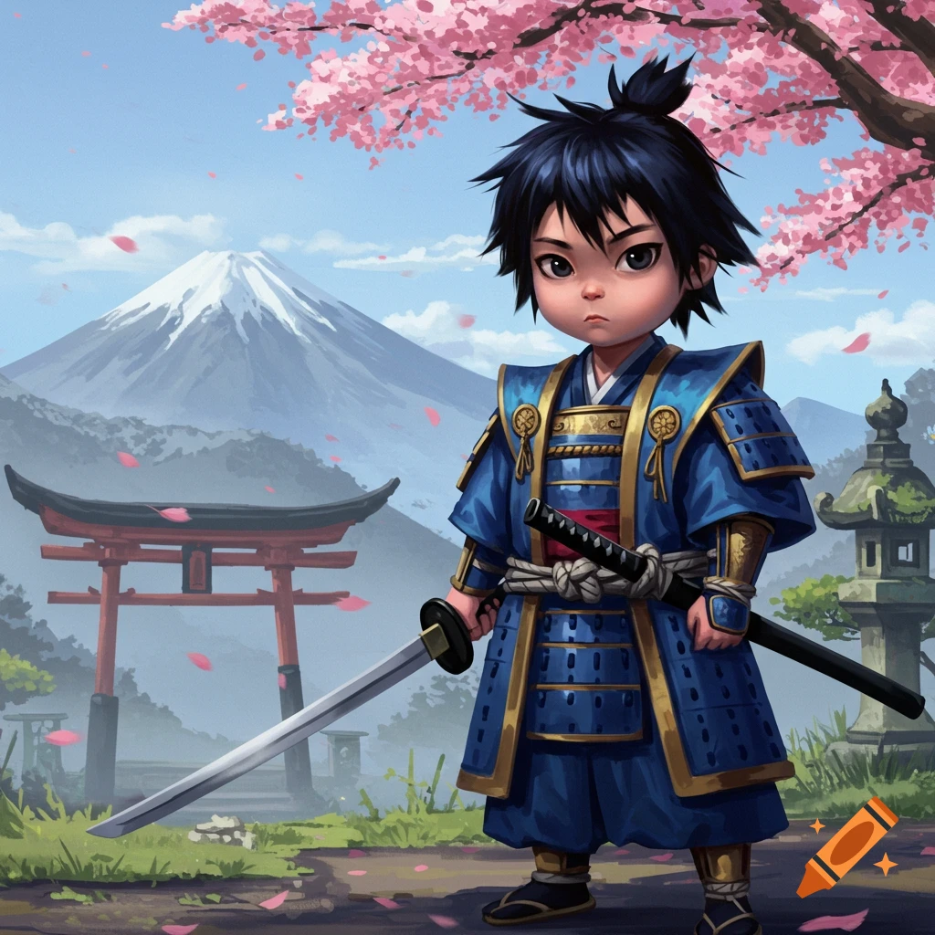 Anime-style samurai child in blue armor holding a katana, with Mount Fuji, a torii gate, and cherry blossoms.