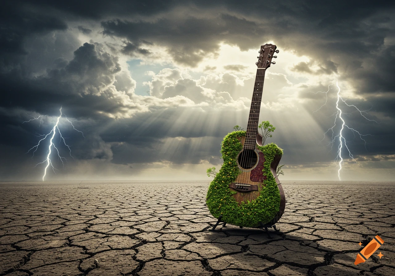 A guitar covered in green plants stands on cracked dry earth under a dramatic stormy sky with lightning and sunrays.