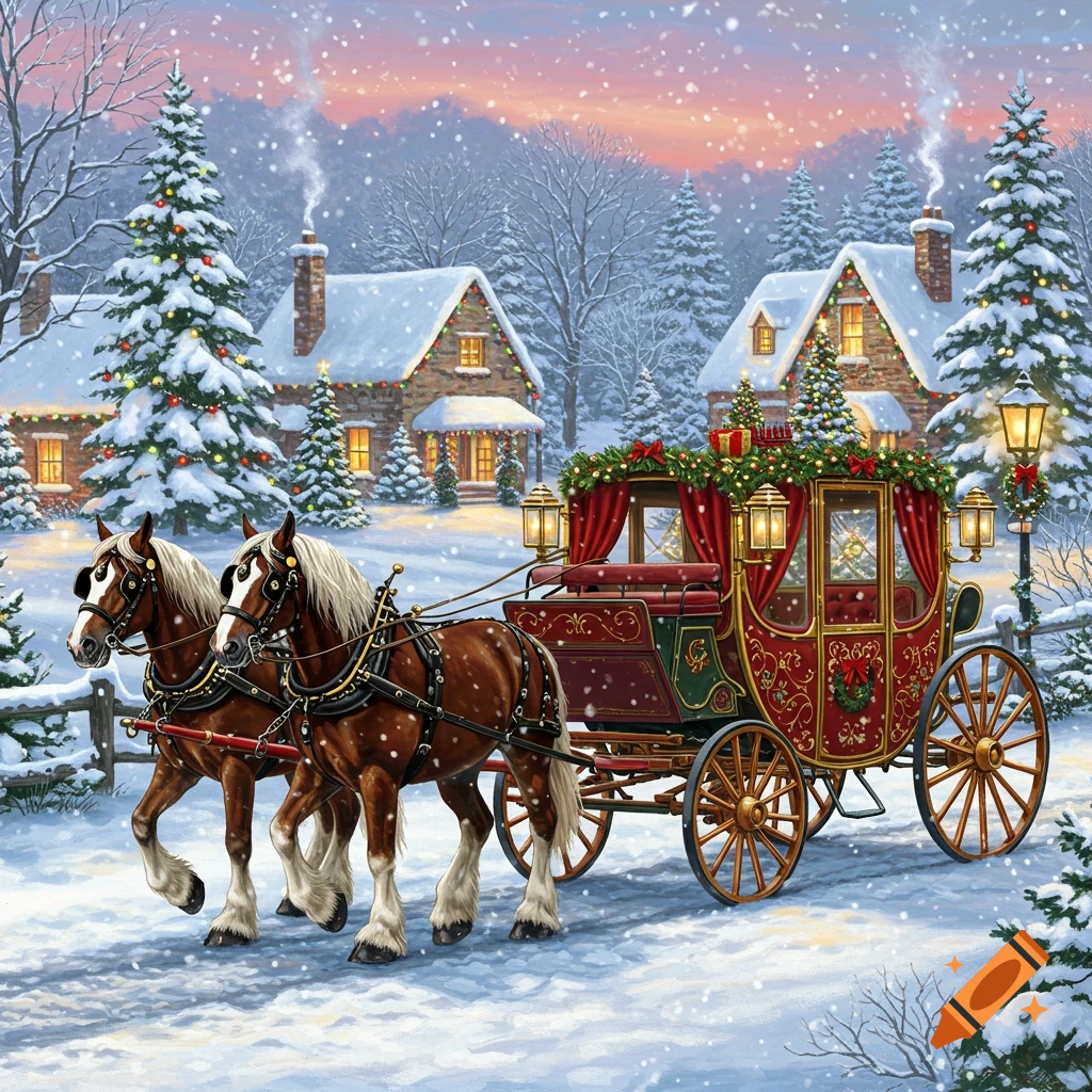 Two horses pull an ornate red carriage through a snowy Christmas village at dusk, adorned with lights and decorated trees.