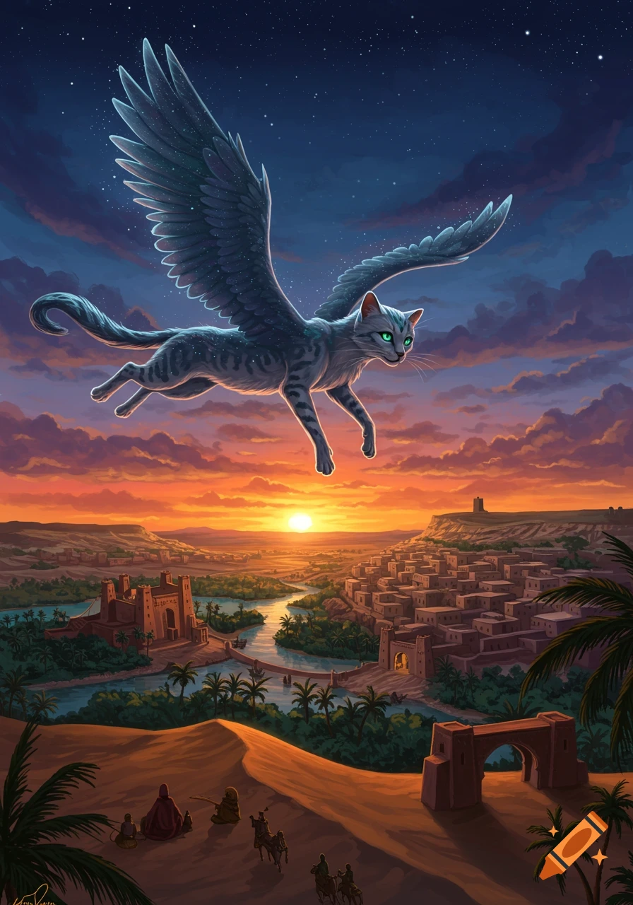 A winged grey tabby cat with green eyes flies over a desert city at sunset, with a river, palm trees, sand dunes, and distant stars in the sky.