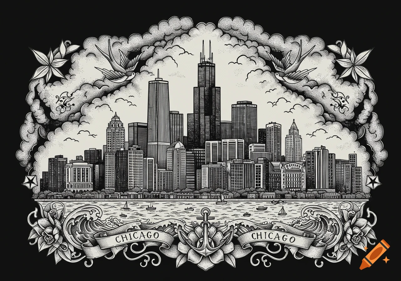 Black and white traditional tattoo style illustration of the Chicago skyline, featuring swallows, clouds, waves, and an anchor with "CHICAGO" banners.