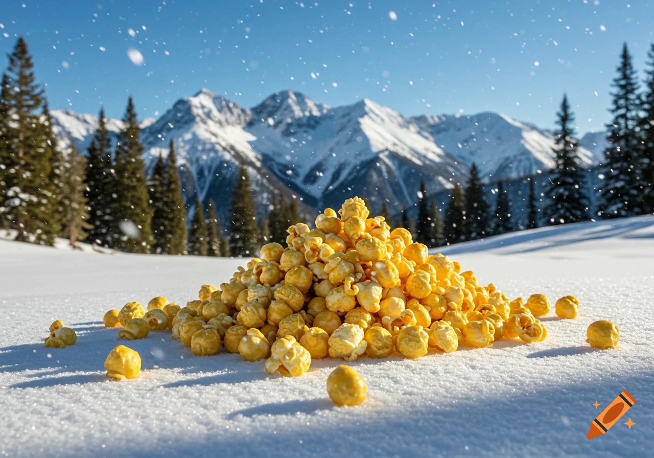 A large pile of yellow popcorn sits on sparkling white snow, with pine trees and snowy mountains in the background under a clear blue sky with falling snow.