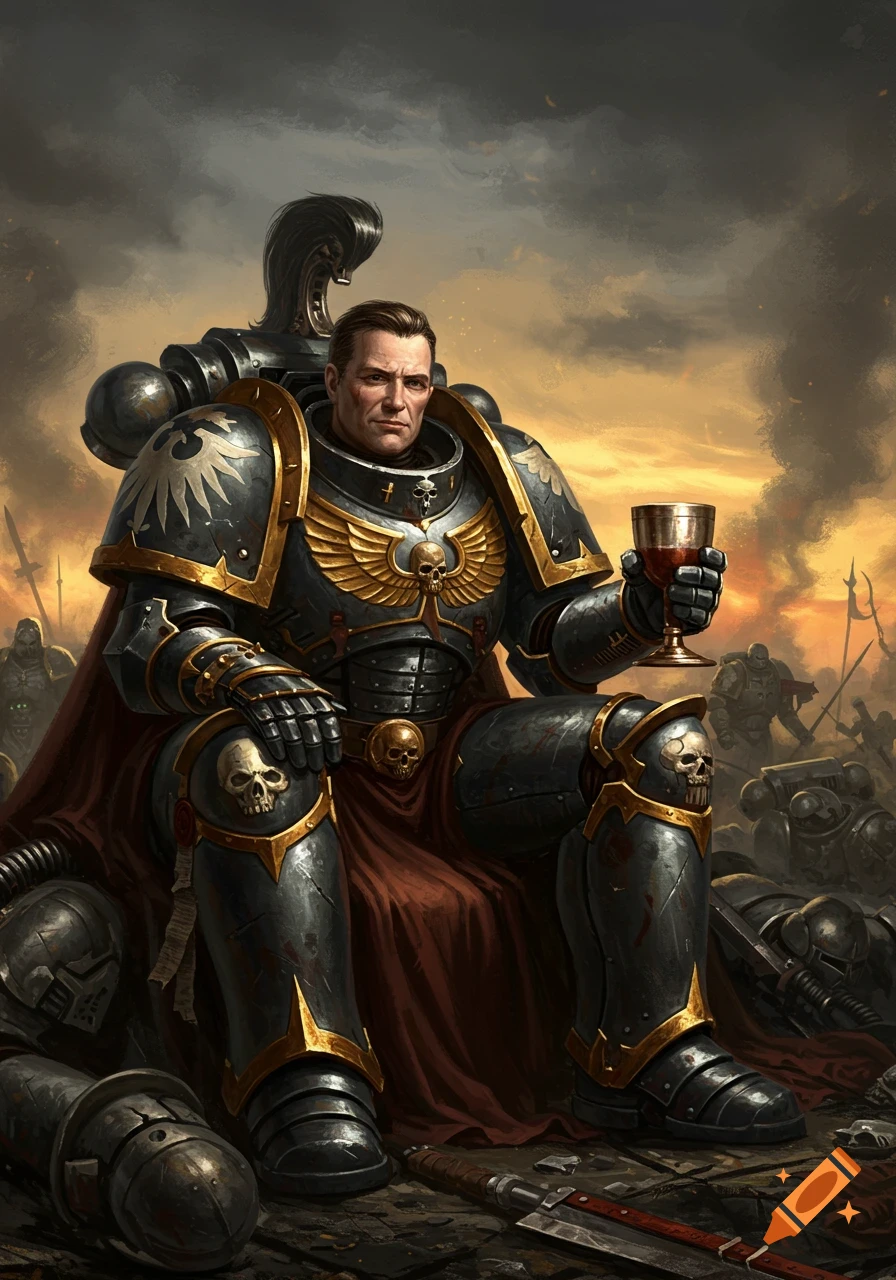 An armored warrior in black and gold armor, holding a goblet, sits on a battlefield at sunset in an oil painting style.