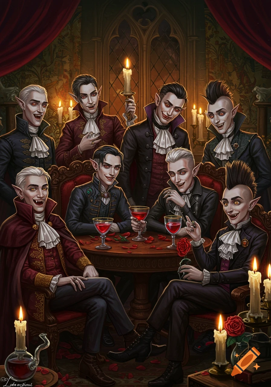 An illustration of friendly vampires with fangs and pointed ears, gathered in a gothic room, drinking red liquid.