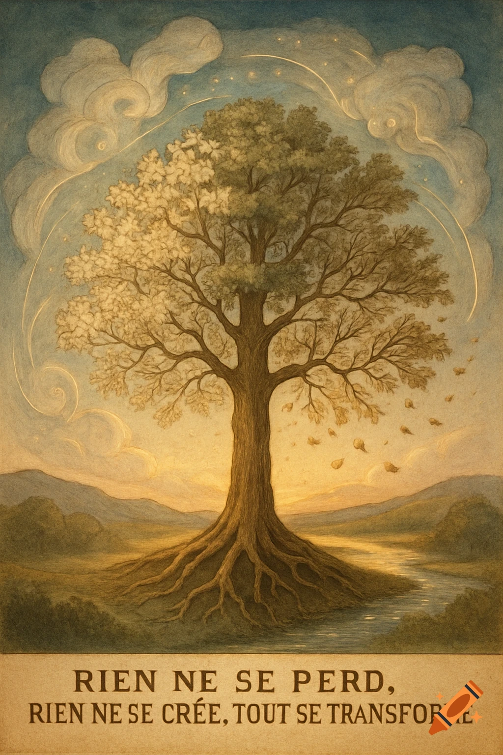 An old tree with half green, half bare branches over a landscape with a river and mountains. Below is the text 'Rien ne se perd, rien ne se crée, tout se transforme.' in a textured, illustrated style.