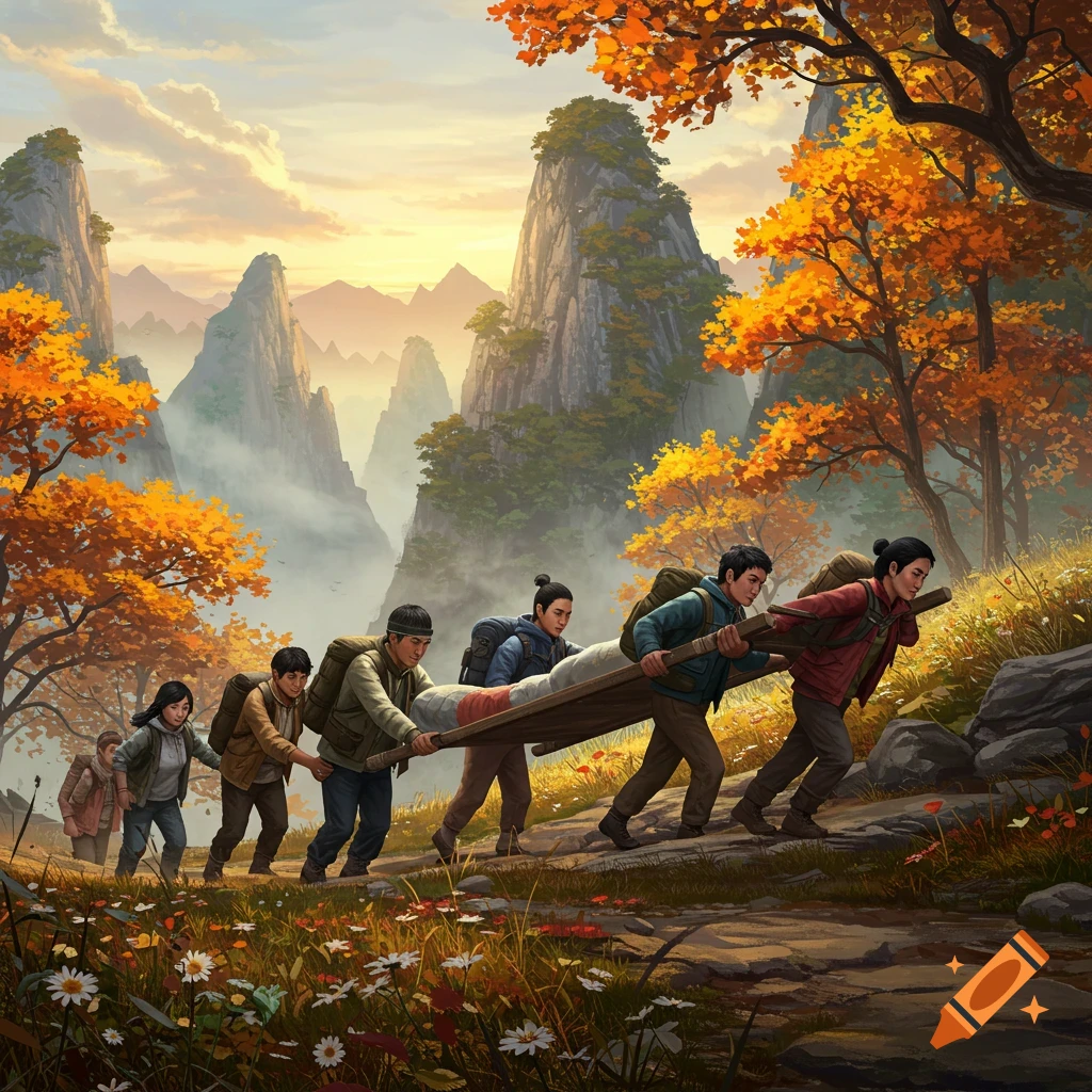 A group of people carry a stretcher up an autumnal mountain path with misty valleys in a stylized illustration.