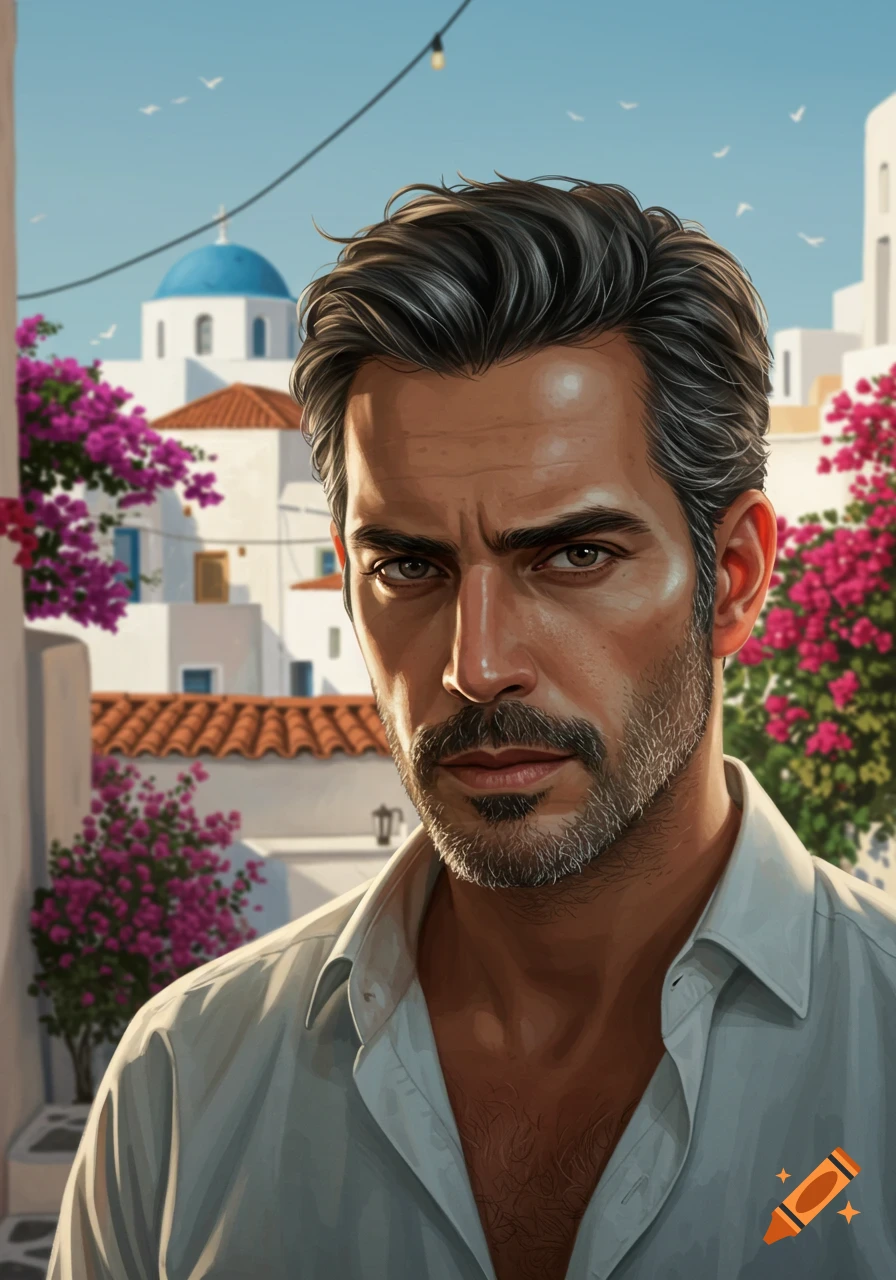 A digital painting of a man with dark hair and a graying beard in a white shirt, set in a sunny Mediterranean town with white buildings and bougainvillea.