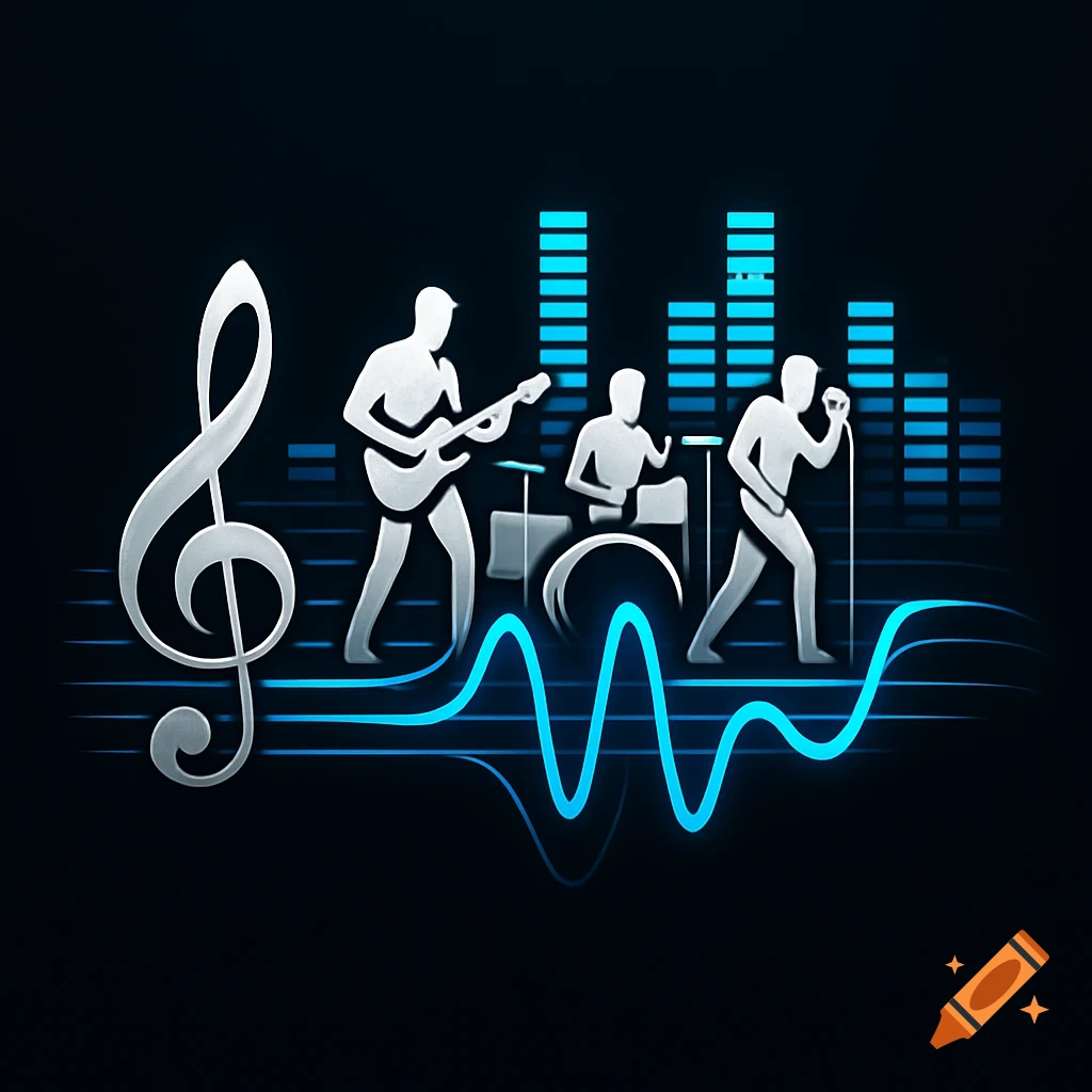 Stylized illustration of a band with a guitarist, drummer, and singer, featuring a treble clef, equalizer bars, and sound waves in blue and white on a dark background.